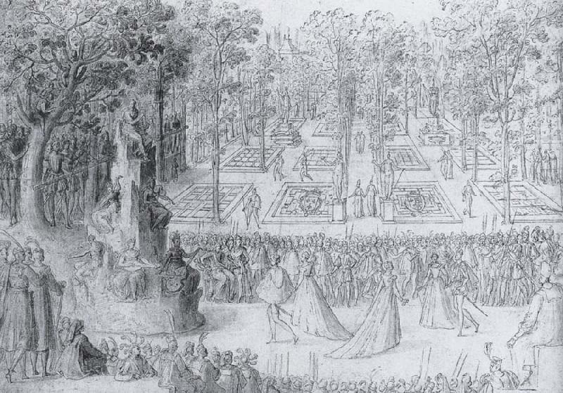 Court ball following the Ballet of the Provinces of France with a view to gthe gardens of the Tuileries, Antoine Caron